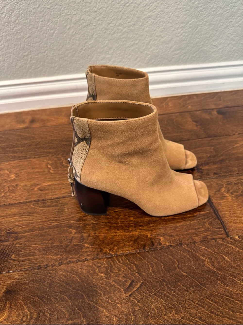 Sanctuary Tan Suede Peep-Toe Ankle Booties with Snake-Print Heel Tab